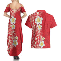 Plumeria Couples Matching Summer Maxi Dress and Hawaiian Shirt Polynesian Tribal Frangipani Red LT03 - Polynesian Pride