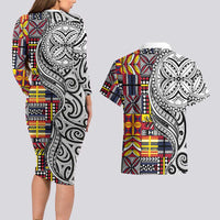Niue Hiapo and Maori Decoration Tattoos Couples Matching Long Sleeve Bodycon Dress and Hawaiian Shirt LT03 - Polynesian Pride