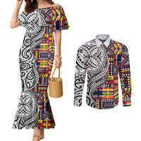 Niue Hiapo and Maori Decoration Tattoos Couples Matching Mermaid Dress and Long Sleeve Button Shirt LT03 White - Polynesian Pride