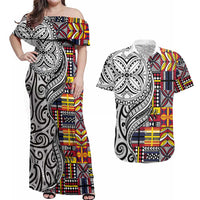Niue Hiapo and Maori Decoration Tattoos Couples Matching Off Shoulder Maxi Dress and Hawaiian Shirt LT03 White - Polynesian Pride