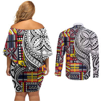 Niue Hiapo and Maori Decoration Tattoos Couples Matching Off Shoulder Short Dress and Long Sleeve Button Shirt LT03 - Polynesian Pride