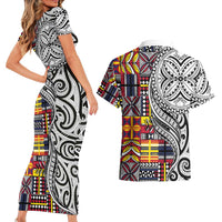 Niue Hiapo and Maori Decoration Tattoos Couples Matching Short Sleeve Bodycon Dress and Hawaiian Shirt LT03 - Polynesian Pride