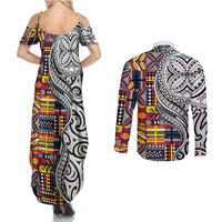Niue Hiapo and Maori Decoration Tattoos Couples Matching Summer Maxi Dress and Long Sleeve Button Shirt LT03 - Polynesian Pride