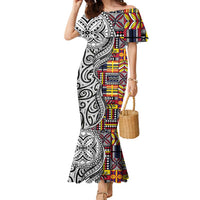 Niue Hiapo and Maori Decoration Tattoos Family Matching Mermaid Dress and Hawaiian Shirt LT03 Mom's Dress White - Polynesian Pride