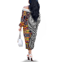 Niue Hiapo and Maori Decoration Tattoos Family Matching Off The Shoulder Long Sleeve Dress and Hawaiian Shirt LT03 - Polynesian Pride