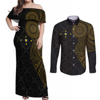 Niue Polynesian Hiapo Tattoo Art Couples Matching Off Shoulder Maxi Dress and Long Sleeve Button Shirt Half Style Black Gold Color LT03 Black - Polynesian Pride