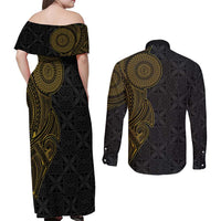 Niue Polynesian Hiapo Tattoo Art Couples Matching Off Shoulder Maxi Dress and Long Sleeve Button Shirt Half Style Black Gold Color LT03 - Polynesian Pride