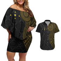 Niue Polynesian Hiapo Tattoo Art Couples Matching Off Shoulder Short Dress and Hawaiian Shirt Half Style Black Gold Color LT03 Black - Polynesian Pride