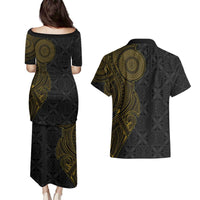 Niue Polynesian Hiapo Tattoo Art Couples Matching Puletasi and Hawaiian Shirt Half Style Black Gold Color LT03 - Polynesian Pride