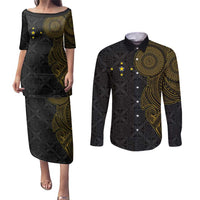 Niue Polynesian Hiapo Tattoo Art Couples Matching Puletasi and Long Sleeve Button Shirt Half Style Black Gold Color LT03 Black - Polynesian Pride