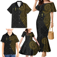 Niue Polynesian Hiapo Tattoo Art Family Matching Mermaid Dress and Hawaiian Shirt Half Style Black Gold Color LT03 - Polynesian Pride