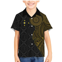 Niue Polynesian Hiapo Tattoo Art Family Matching Mermaid Dress and Hawaiian Shirt Half Style Black Gold Color LT03 Son's Shirt Black - Polynesian Pride