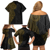 Niue Polynesian Hiapo Tattoo Art Family Matching Off Shoulder Short Dress and Hawaiian Shirt Half Style Black Gold Color LT03 - Polynesian Pride