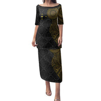 Niue Polynesian Hiapo Tattoo Art Family Matching Puletasi and Hawaiian Shirt Half Style Black Gold Color LT03 Mom's Dress Black - Polynesian Pride