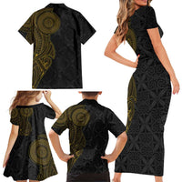 Niue Polynesian Hiapo Tattoo Art Family Matching Short Sleeve Bodycon Dress and Hawaiian Shirt Half Style Black Gold Color LT03 - Polynesian Pride