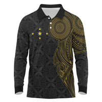 Niue Polynesian Hiapo Tattoo Art Long Sleeve Polo Shirt Half Style Black Gold Color LT03 Black - Polynesian Pride
