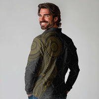 Niue Polynesian Hiapo Tattoo Art Long Sleeve Polo Shirt Half Style Black Gold Color LT03 - Polynesian Pride