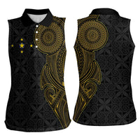 Niue Polynesian Hiapo Tattoo Art Women Sleeveless Polo Shirt Half Style Black Gold Color LT03 - Polynesian Pride