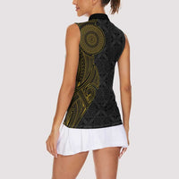 Niue Polynesian Hiapo Tattoo Art Women Sleeveless Polo Shirt Half Style Black Gold Color LT03 - Polynesian Pride
