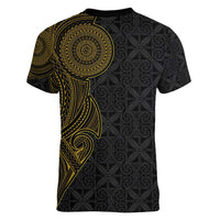 Niue Polynesian Hiapo Tattoo Art Women V-Neck T-Shirt Half Style Black Gold Color LT03 - Polynesian Pride