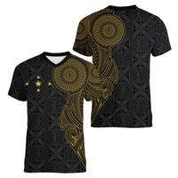 Niue Polynesian Hiapo Tattoo Art Women V-Neck T-Shirt Half Style Black Gold Color LT03 - Polynesian Pride
