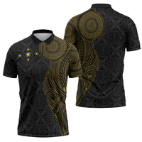 Niue Polynesian Hiapo Tattoo Art Zipper Polo Shirt Half Style Black Gold Color LT03 - Polynesian Pride