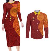 Niue Polynesian Hiapo Tattoo Art Couples Matching Long Sleeve Bodycon Dress and Long Sleeve Button Shirt Half Style Red Yellow Color LT03 Red - Polynesian Pride