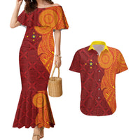 Niue Polynesian Hiapo Tattoo Art Couples Matching Mermaid Dress and Hawaiian Shirt Half Style Red Yellow Color LT03 Red - Polynesian Pride