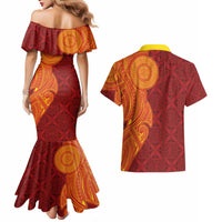 Niue Polynesian Hiapo Tattoo Art Couples Matching Mermaid Dress and Hawaiian Shirt Half Style Red Yellow Color LT03 - Polynesian Pride