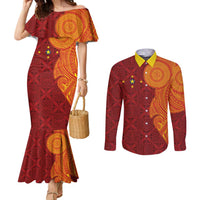 Niue Polynesian Hiapo Tattoo Art Couples Matching Mermaid Dress and Long Sleeve Button Shirt Half Style Red Yellow Color LT03 Red - Polynesian Pride