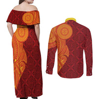 Niue Polynesian Hiapo Tattoo Art Couples Matching Off Shoulder Maxi Dress and Long Sleeve Button Shirt Half Style Red Yellow Color LT03 - Polynesian Pride