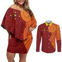 Niue Polynesian Hiapo Tattoo Art Couples Matching Off Shoulder Short Dress and Long Sleeve Button Shirt Half Style Red Yellow Color LT03 Red - Polynesian Pride
