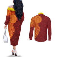 Niue Polynesian Hiapo Tattoo Art Couples Matching Off The Shoulder Long Sleeve Dress and Long Sleeve Button Shirt Half Style Red Yellow Color LT03 - Polynesian Pride
