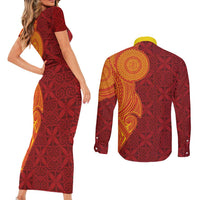Niue Polynesian Hiapo Tattoo Art Couples Matching Short Sleeve Bodycon Dress and Long Sleeve Button Shirt Half Style Red Yellow Color LT03 - Polynesian Pride