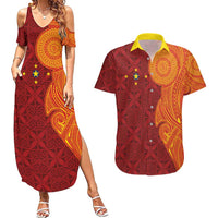 Niue Polynesian Hiapo Tattoo Art Couples Matching Summer Maxi Dress and Hawaiian Shirt Half Style Red Yellow Color LT03 Red - Polynesian Pride