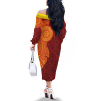 Niue Polynesian Hiapo Tattoo Art Family Matching Off The Shoulder Long Sleeve Dress and Hawaiian Shirt Half Style Red Yellow Color LT03 - Polynesian Pride