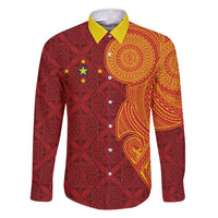 Niue Polynesian Hiapo Tattoo Art Family Matching Off Shoulder Short Dress and Hawaiian Shirt Half Style Red Yellow Color LT03 Dad's Shirt - Long Sleeve Red - Polynesian Pride