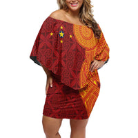 Niue Polynesian Hiapo Tattoo Art Family Matching Off Shoulder Short Dress and Hawaiian Shirt Half Style Red Yellow Color LT03 Mom's Dress Red - Polynesian Pride