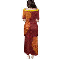 Niue Polynesian Hiapo Tattoo Art Family Matching Puletasi and Hawaiian Shirt Half Style Red Yellow Color LT03 - Polynesian Pride