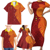 Niue Polynesian Hiapo Tattoo Art Family Matching Short Sleeve Bodycon Dress and Hawaiian Shirt Half Style Red Yellow Color LT03 - Polynesian Pride
