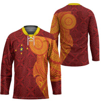 Niue Polynesian Hiapo Tattoo Art Hockey Jersey Half Style Red Yellow Color - Polynesian Pride