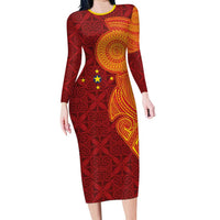 Niue Polynesian Hiapo Tattoo Art Long Sleeve Bodycon Dress Half Style Red Yellow Color LT03 Long Dress Red - Polynesian Pride