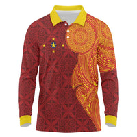 Niue Polynesian Hiapo Tattoo Art Long Sleeve Polo Shirt Half Style Red Yellow Color LT03 Red - Polynesian Pride