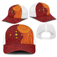 Niue Polynesian Hiapo Tattoo Art Mesh Trucker Cap Half Style Red Yellow Color - Polynesian Pride