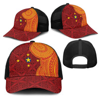 Niue Polynesian Hiapo Tattoo Art Mesh Trucker Cap Half Style Red Yellow Color - Polynesian Pride