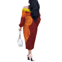 Niue Polynesian Hiapo Tattoo Art Off The Shoulder Long Sleeve Dress Half Style Red Yellow Color LT03 - Polynesian Pride