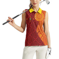 Niue Polynesian Hiapo Tattoo Art Women Sleeveless Polo Shirt Half Style Red Yellow Color LT03 - Polynesian Pride