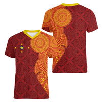 Niue Polynesian Hiapo Tattoo Art Women V-Neck T-Shirt Half Style Red Yellow Color LT03 - Polynesian Pride