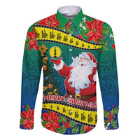 New Caledonia Christmas Family Matching Long Sleeve Bodycon Dress and Hawaiian Shirt Santa Claus and Kanak Flag Mix Poinsettia Maori Pattern LT03 Dad's Shirt - Long Sleeve Green - Polynesian Pride