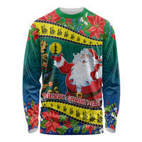 Personalised New Caledonia Christmas Long Sleeve Shirt Santa Claus and Kanak Flag Mix Poinsettia Maori Pattern LT03 Unisex Green - Polynesian Pride